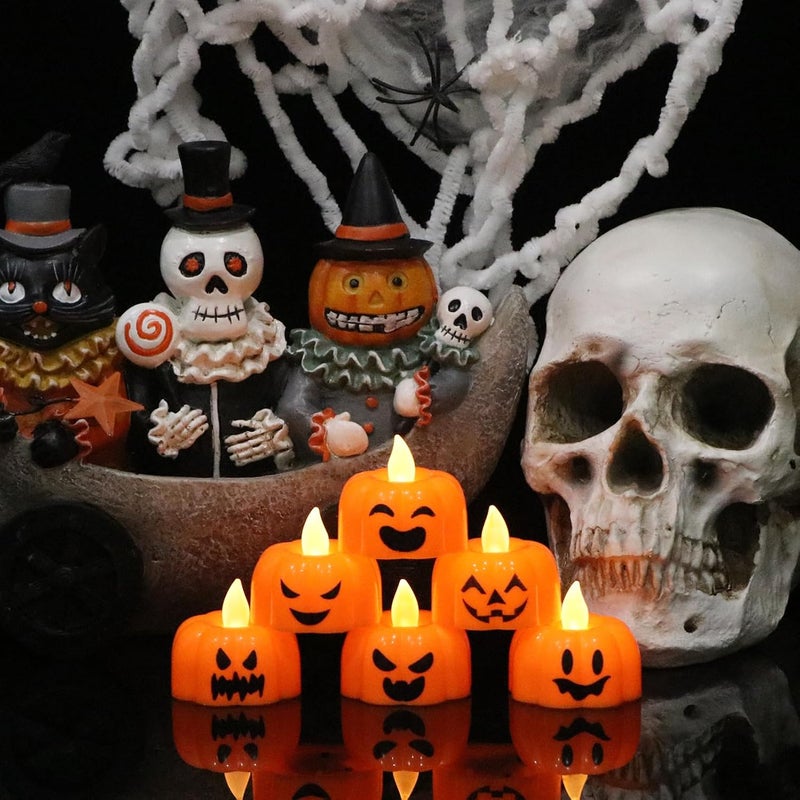 DRomance Halloween Pumpkin Lights Flameless Candles Battery Operated with Timer, 200 Hours Lasting LED Flickering Votive Tealight Candles Spooky Face Halloween Decorations Indoor(6 Pack, 1.9" x 1.6") - Image 3